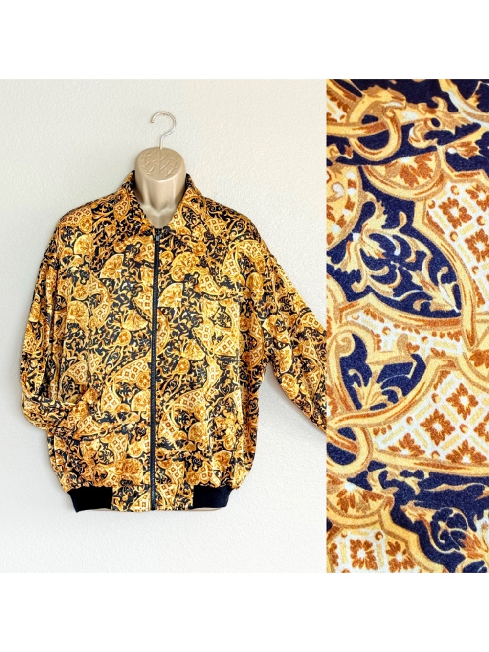 VTG 90s Mobwife Baroque Bomber Jacket Versace-Style Gold Chain Print Sz 16W